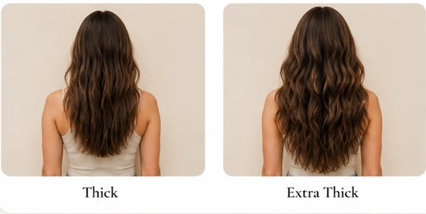 Hair density guide showing thick and extra-thick hair on a person