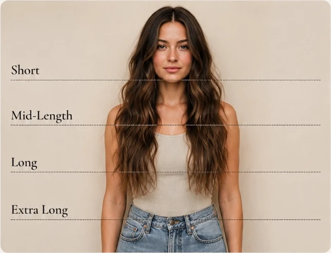 Hair length guide showing short, mid-length, long and extra-long hair on a person